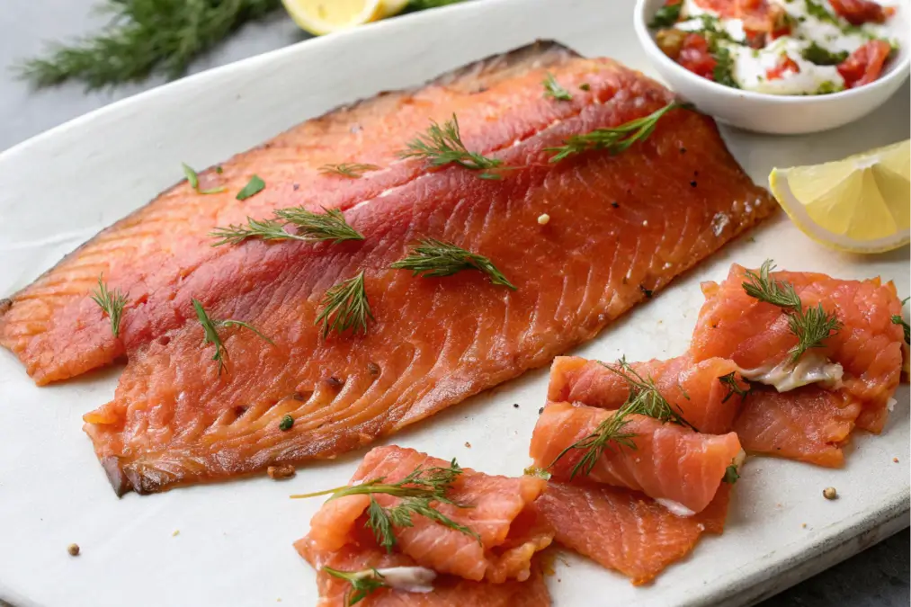 Sliced smoked salmon garnished with fresh dill, served on a white platter with lemon wedges and a bowl of side toppings.