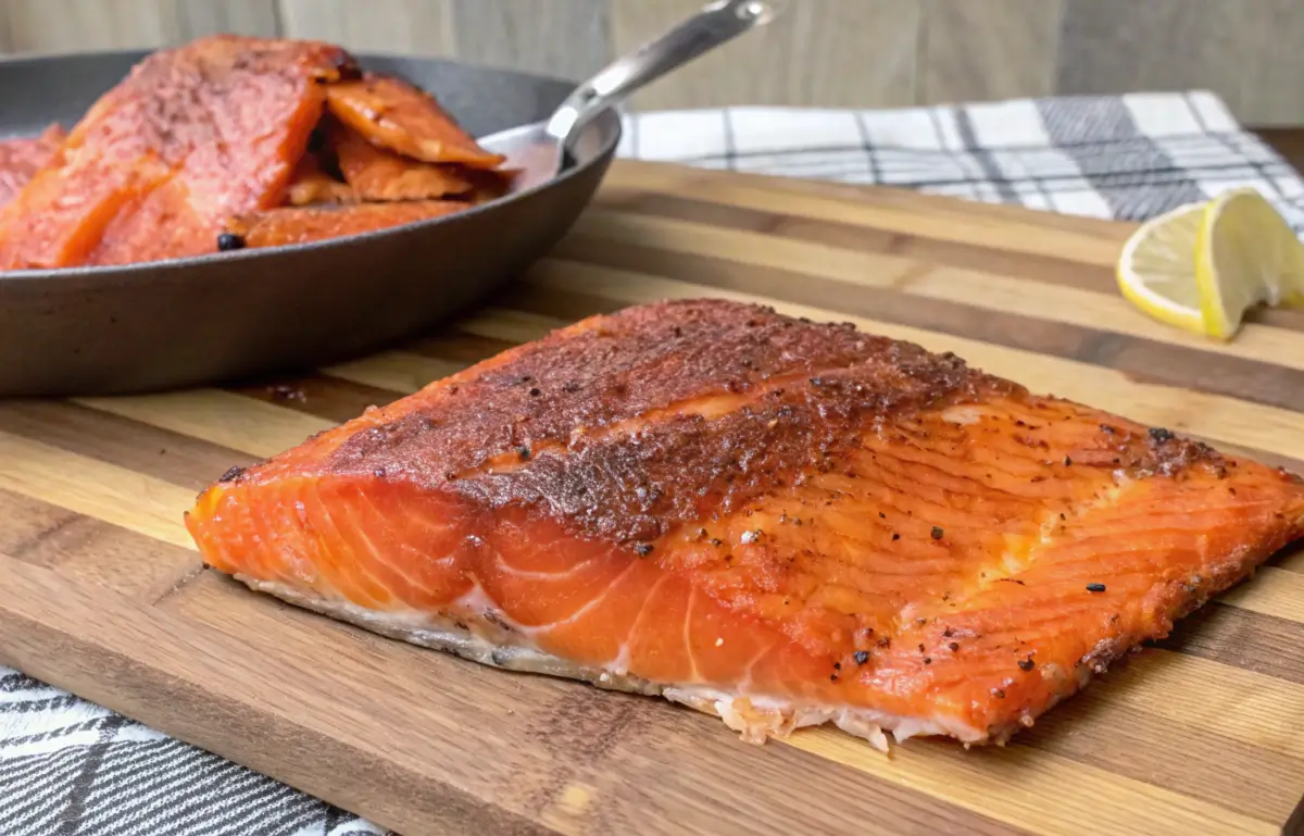 Hot-smoked salmon fillet resting on a wooden cutting board with cooked pieces in a pan in the background.