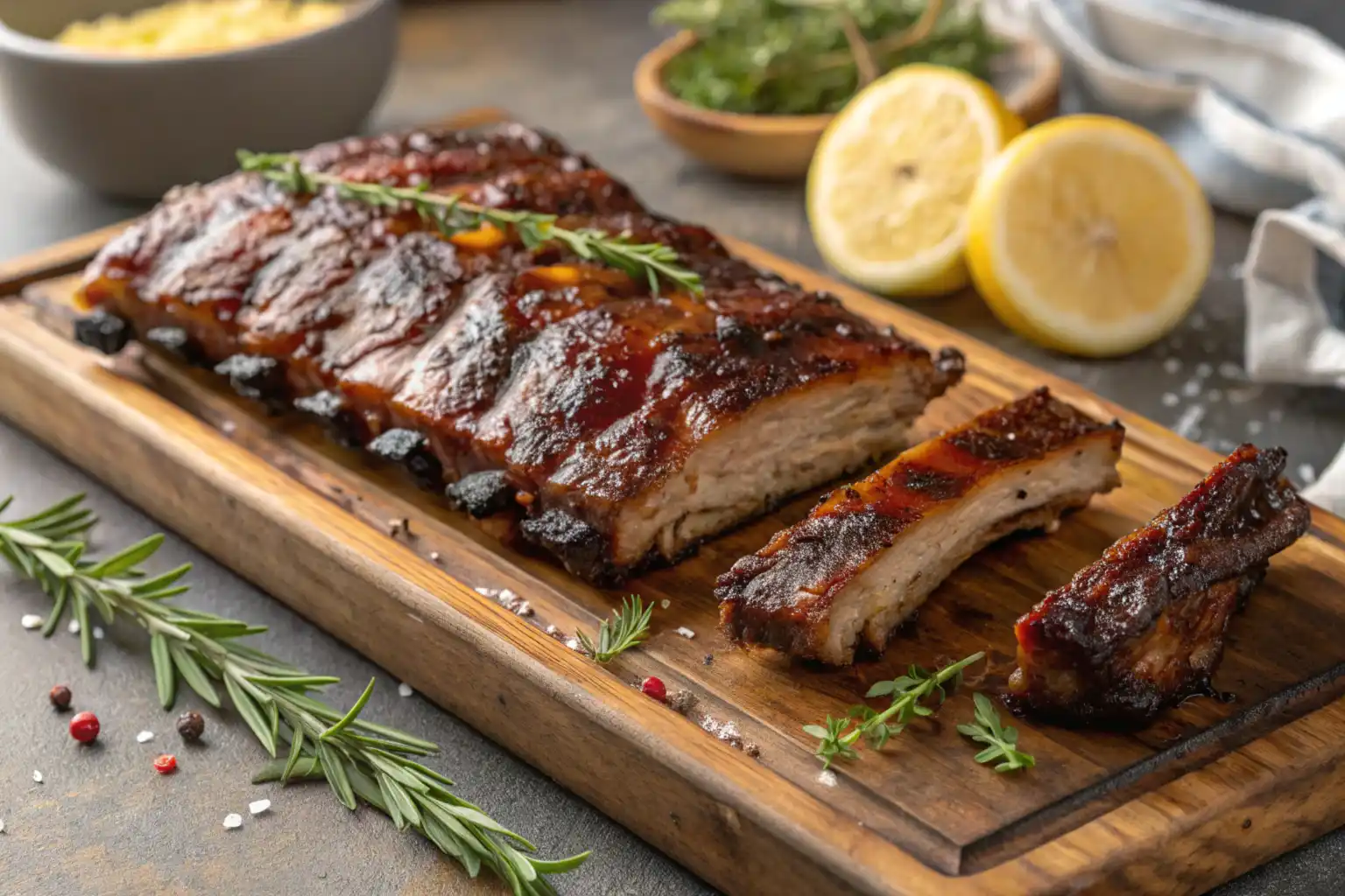 Grilled beef back ribs served on a cutting board, garnished with fresh rosemary and paired with lemon slices.