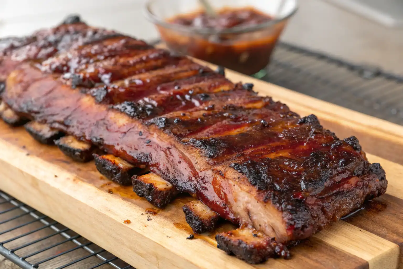 Juicy beef back ribs coated in a rich BBQ glaze, served on a wooden cutting board.