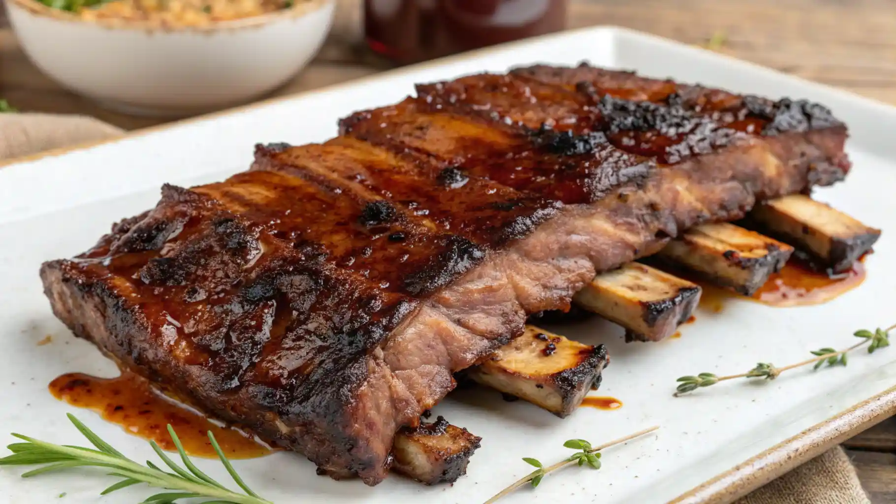 Slow-cooked beef back ribs covered in a thick BBQ sauce, served on a white platter with rosemary garnish.