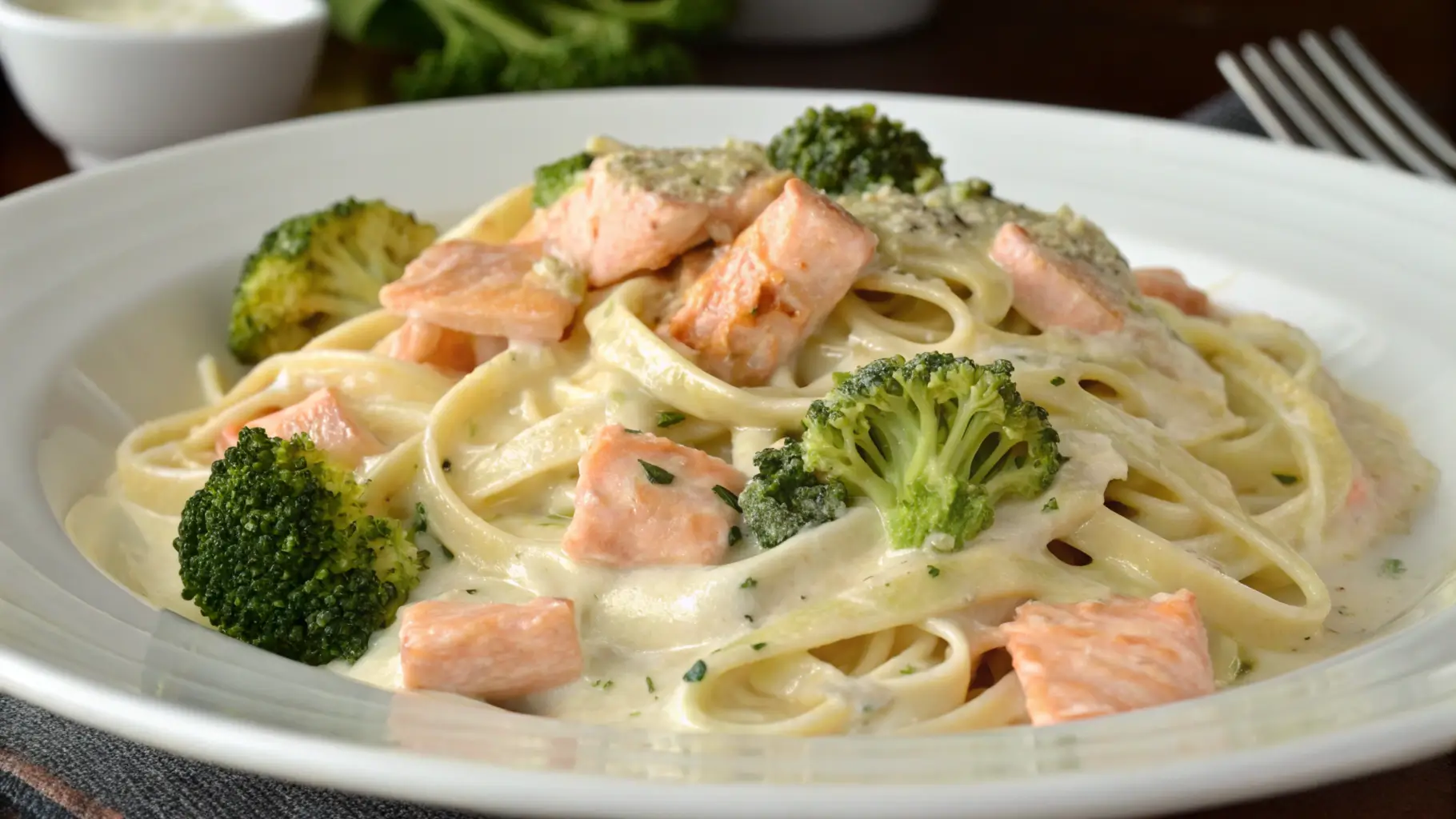 Creamy salmon Alfredo pasta with broccoli, served in a plate, topped with fresh parsley and Parmesan cheese."