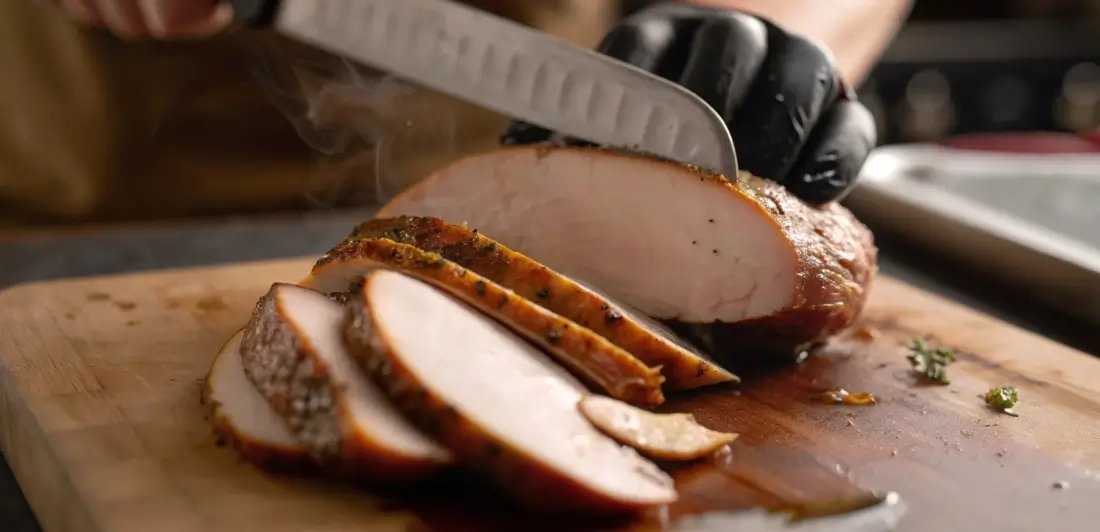 Close-up of a chef slicing juicy, smoked turkey on a wooden cutting board, with crispy seasoning on the edges and tender meat inside.