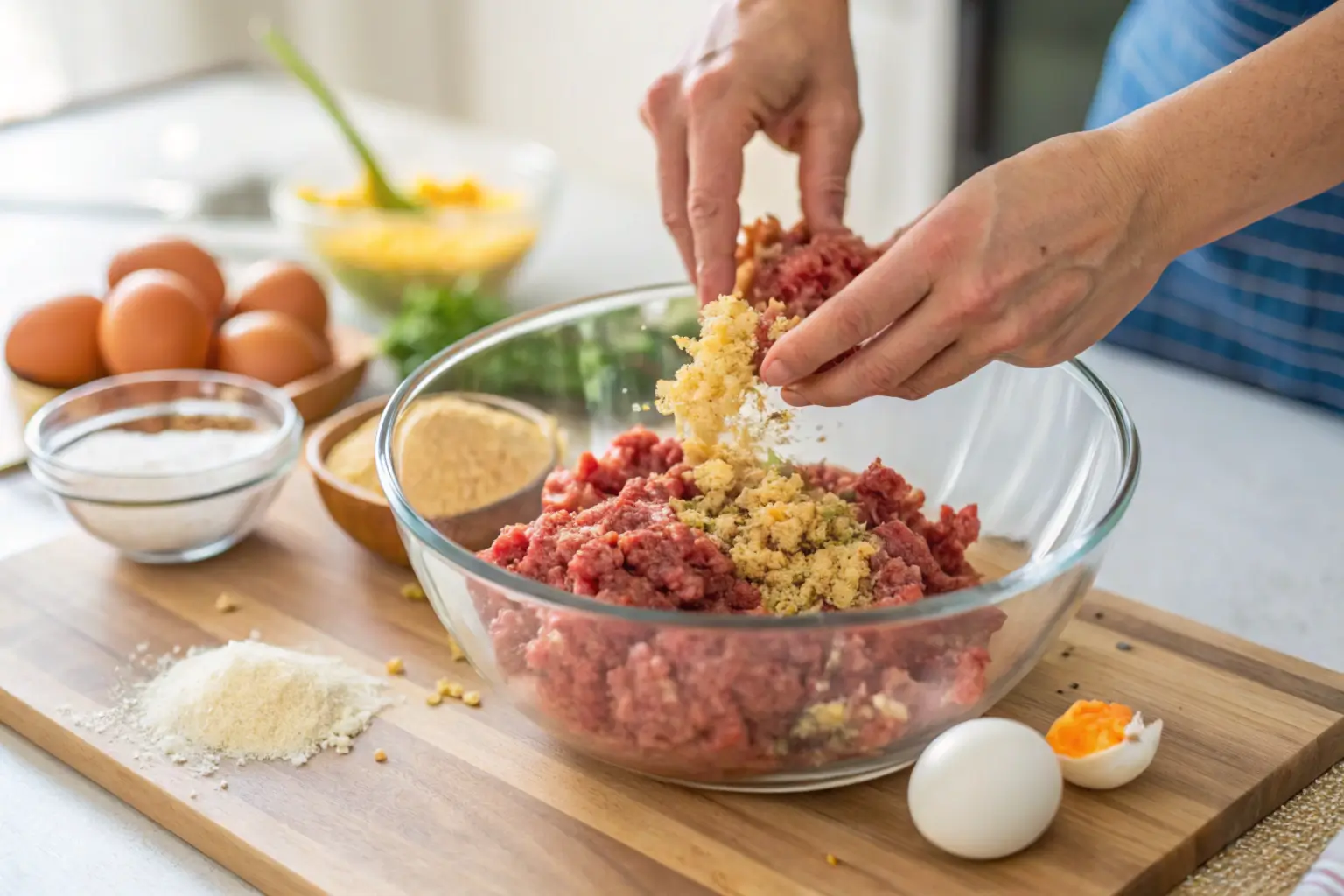 Hands mixing ground beef, breadcrumbs, and seasonings in a bowl, preparing the meatloaf layer for a casserole.