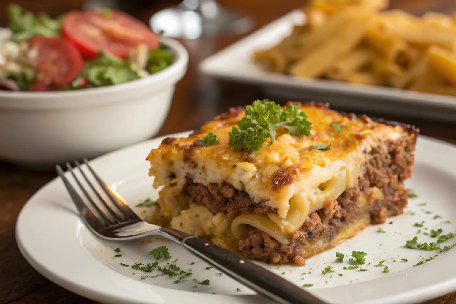 A slice of mac and cheese meatloaf casserole served on a plate, showing layers of cheesy macaroni and savory meatloaf.