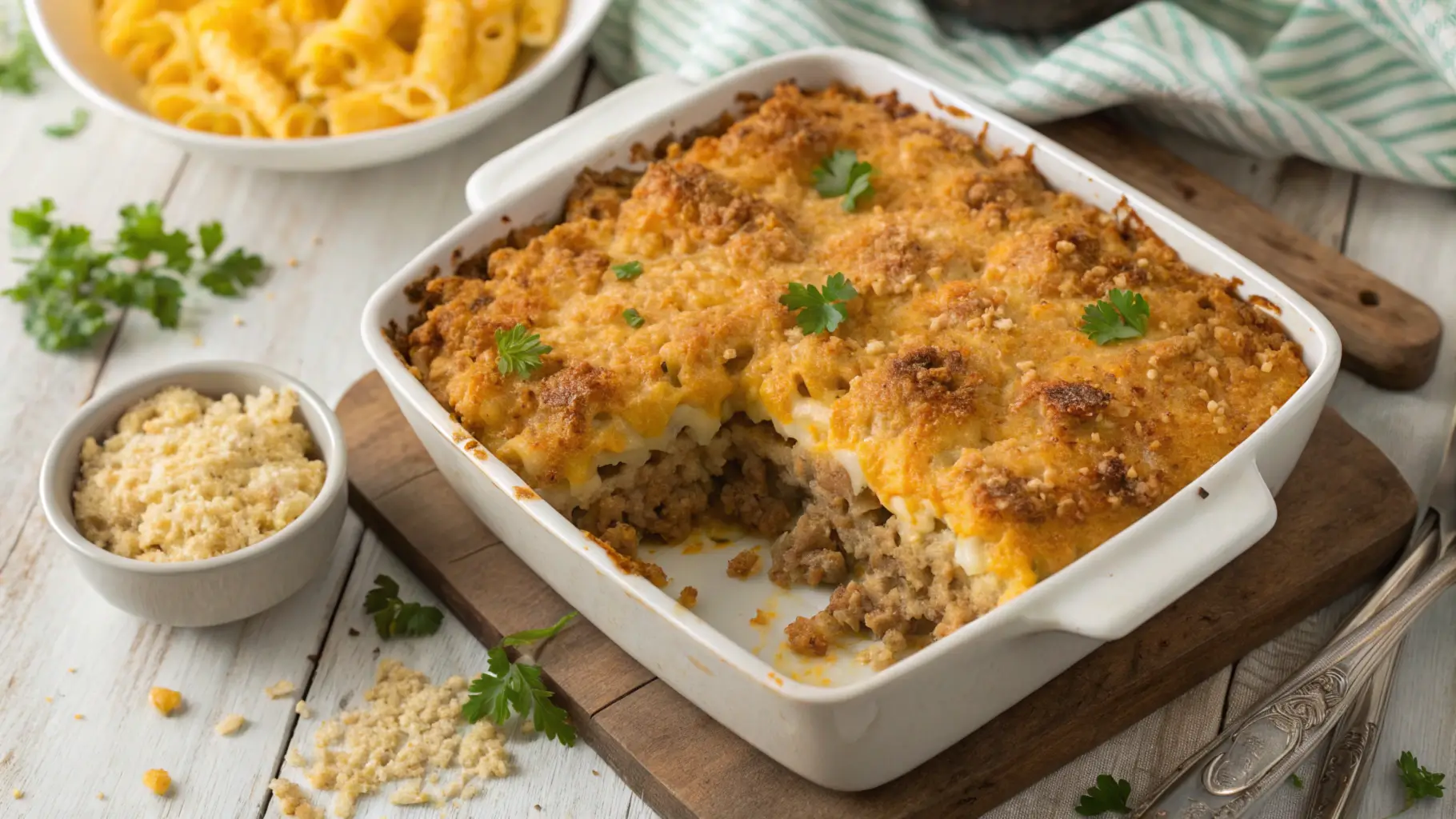 Golden-brown mac and cheese meatloaf casserole in a white baking dish, topped with crispy breadcrumbs and melted cheese.