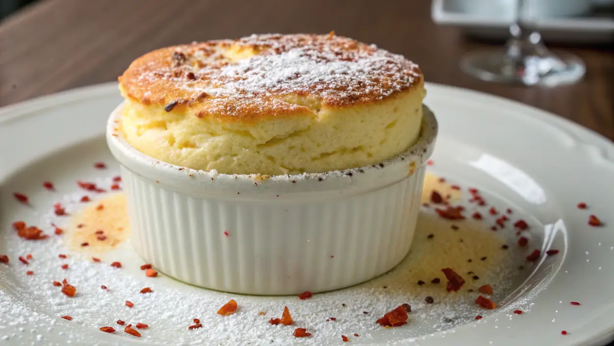 Golden brown black pepper and Parmesan soufflé in a white ramekin garnished with powdered sugar and chili flakes.