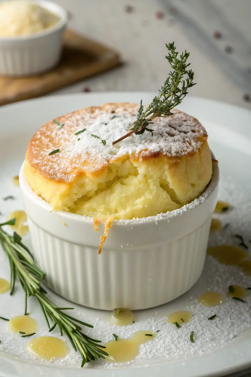 black pepper and Parmesan soufflé with a sprig of fresh rosemary and powdered sugar garnish in a white ramekin.