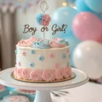 Gender reveal cake with pink and blue decorations and a ‘Boy or Girl?’ topper.