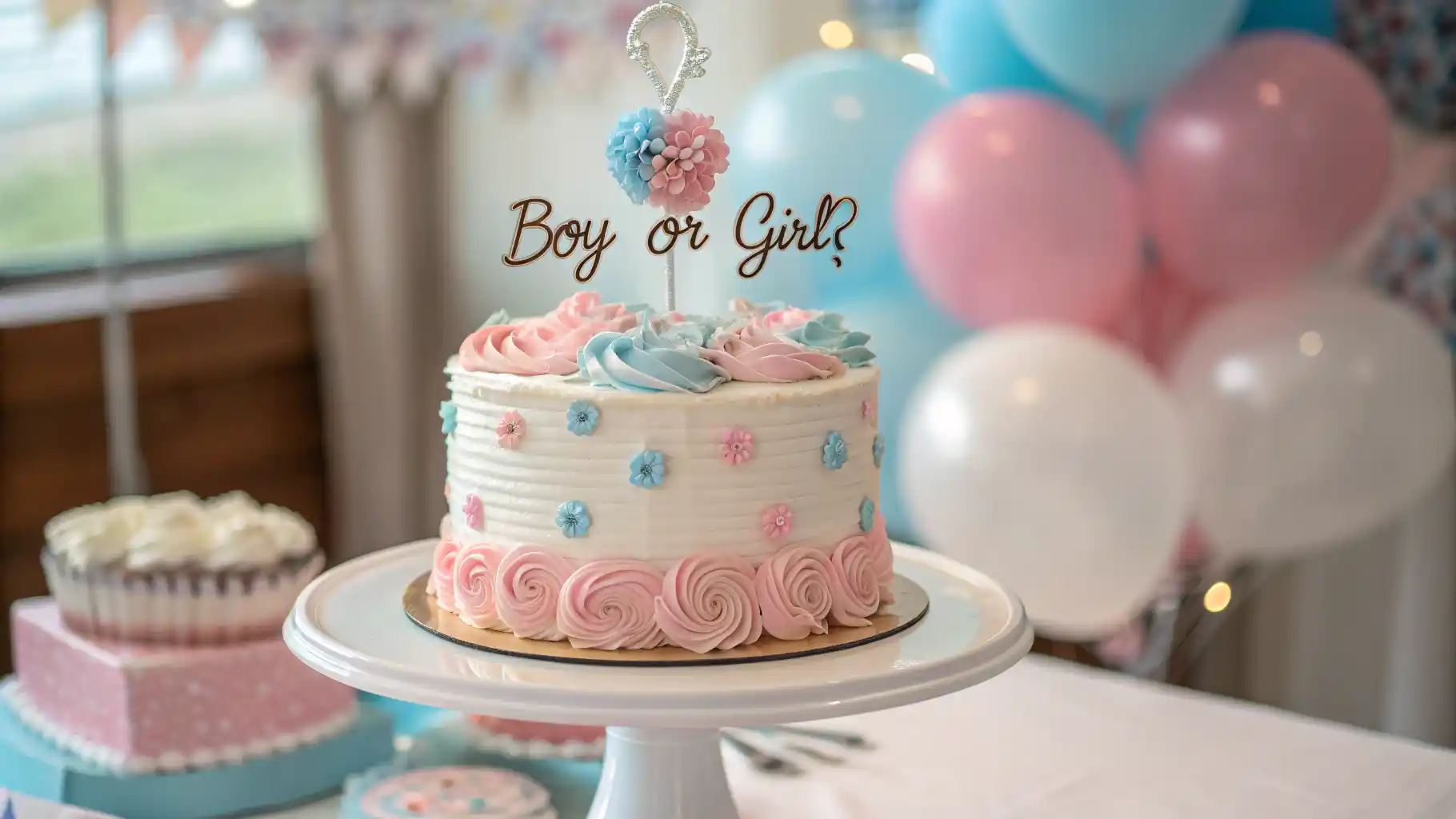 Gender reveal cake with pink and blue decorations and a ‘Boy or Girl?’ topper.