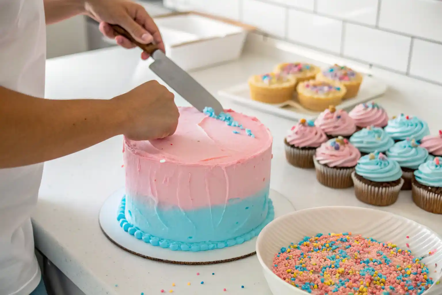 Decorating a gender reveal cake with pink and blue buttercream frosting.