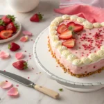 A beautifully decorated heart-shaped cake with pink frosting, sprinkles, and fresh strawberries on a white cake stand.